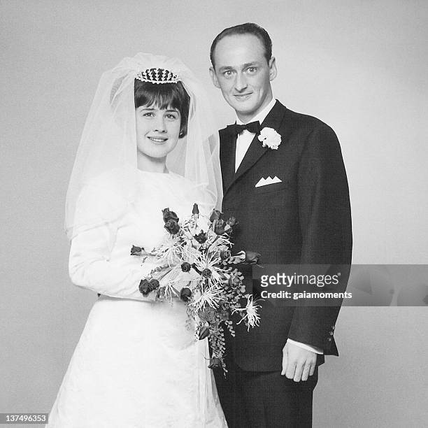 black and white photo of couple at their wedding day - 1960 stock pictures, royalty-free photos & images