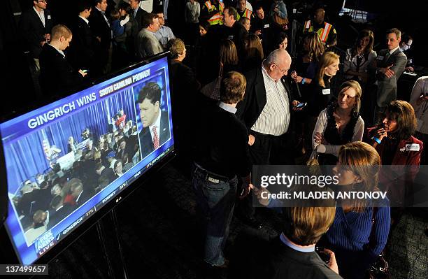 Supporters of the Republican presidential hopeful Mitt Romney watcht FOX TV channel projected victory for the rival candidate Newt Gingrich during...