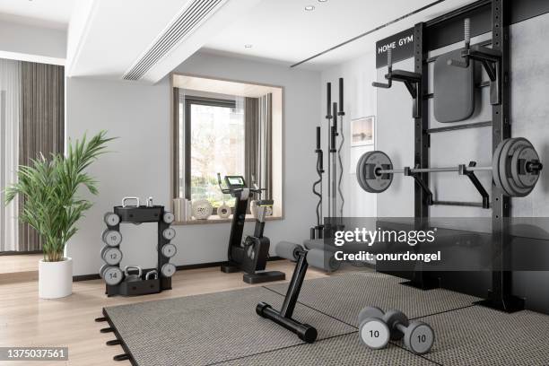 home gym with barbell, dumbbells, exercise bike and other sports equipments - gym stockfoto's en -beelden