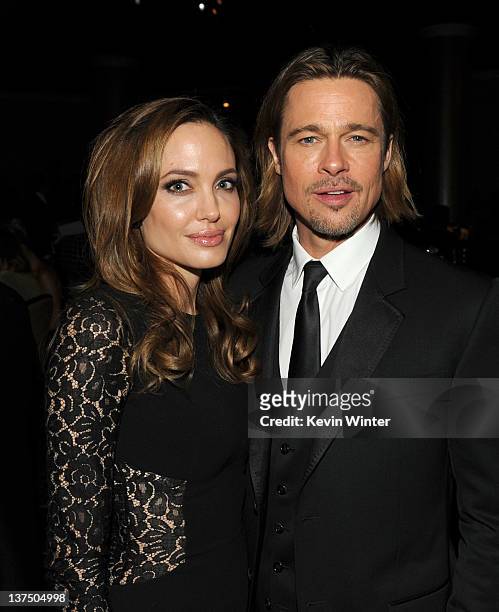 Actress/producer Angelina Jolie and actor Brad Pitt attend the 23rd annual Producers Guild Awards at The Beverly Hilton hotel on January 21, 2012 in...