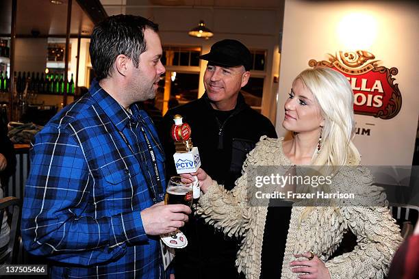 Director of Stella Artois Rick Oleshak and TV personalities J.R. Holbrook and Jen Hardman attend the Stella Cafe At T-Mobile Google Music Village At...