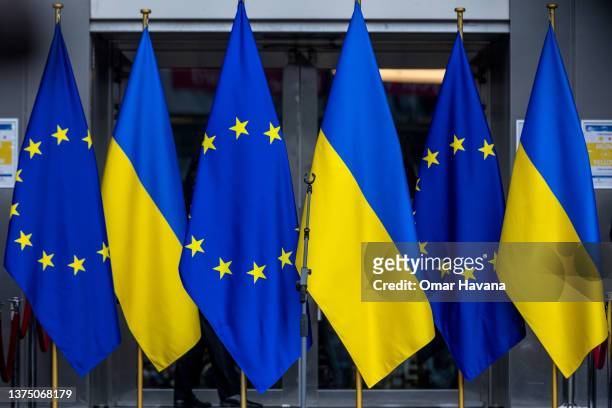 Flags of the European Union and Ukraine are seen at the entrance of the European Parliament during a demonstration in front of the European...