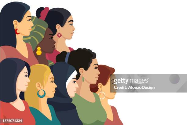 women portraits of different nationalities and cultures. - womens day stock illustrations