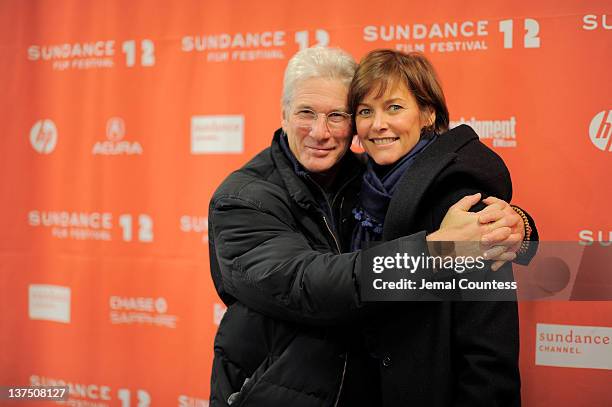 Actors Richard Gere and Carey Lowell attend the "Arbitrage" Premiere at the Eccles Center Theatre during the 2012 Sundance Film Festival on January...