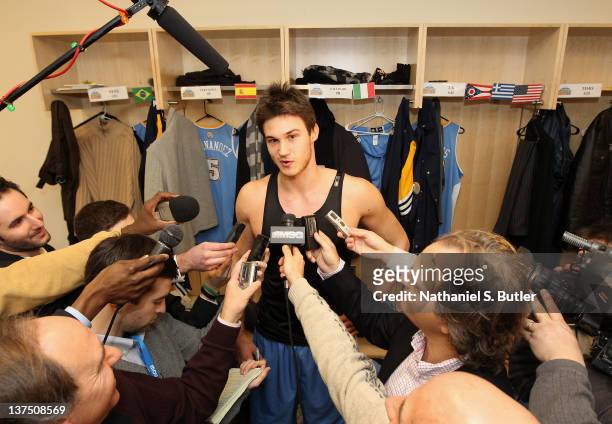 Danilo Gallinari of the Denver Nuggets is interviewed by the media after the defeat of the New York Knicks in double overtime on January 21, 2012 at...