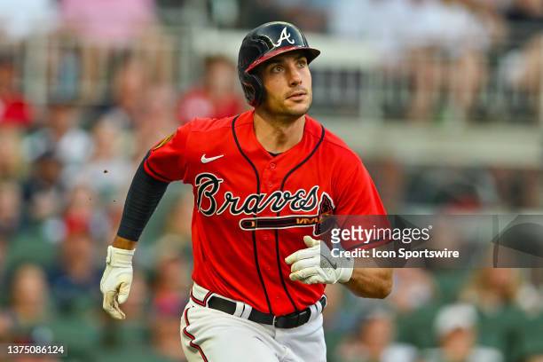 Atlanta first baseman Matt Olson hits the ball deep during the MLB game between the Miami Marlins and the Atlanta Braves on June 30th, 2023 at Truist...