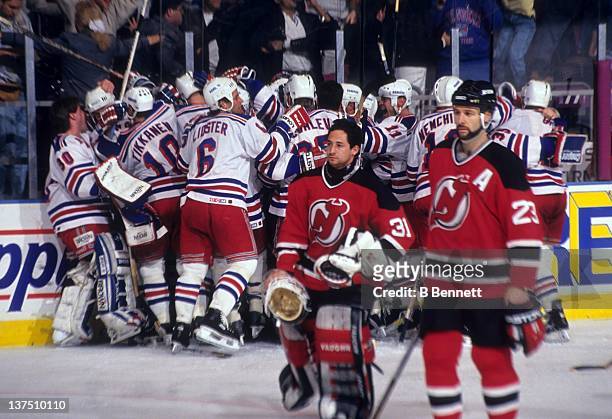 The New York Rangers celebrate after Stephane Matteau scored the winning goal in the second overtime of Game 7 of the 1994 Eastern Conference Finals...