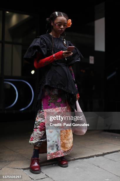 Damsel Elysium is seen at Preen by Thornton Bregazzi, during London Fashion Week February 2022 on February 21, 2022 in London, England.