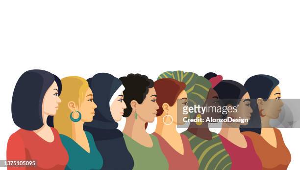 ilustraciones, imágenes clip art, dibujos animados e iconos de stock de grupo multiétnico de mujeres hermosas. - modest clothing