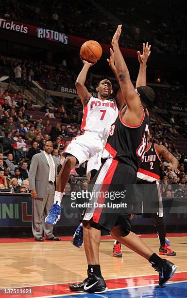 Brandon Knight of the Detroit Pistons takes a jump shot against Craig Smith of the Portland Trail Blazers during the game on January 21, 2012 at The...