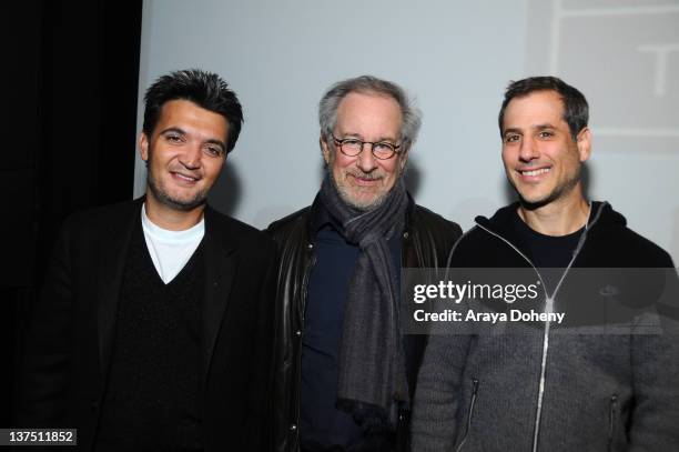 Thomas Langmann, Steven Spielberg and Barry Mendel attend the Variety's 2012 PGA Nominees Breakfast at Landmark Nuart Theatre on January 21, 2012 in...