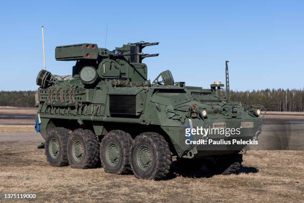 General view of US army M-SHORAD Stryker Air Defence vehicle on March 1, 2022 in Kazlu Ruda, Lithuania. Saber Strike 2022 is an element of the...