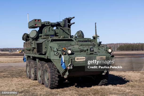 General view of US army M-SHORAD Stryker Air Defence vehicle on March 1, 2022 in Kazlu Ruda, Lithuania. Saber Strike 2022 is an element of the...