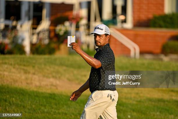Fabian Gomez waves to the crowd after completing the second round of the Memorial Health Championship presented by LRS at Panther Creek Country Club...
