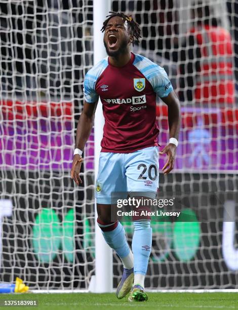 Maxwel Cornet of Burnley reacts after scoring a goal which is later disallowed during the Premier League match between Burnley and Leicester City at...