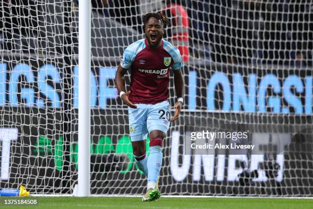 Maxwel Cornet of Burnley reacts after scoring a goal which is later disallowed during the Premier League match between Burnley and Leicester City at...