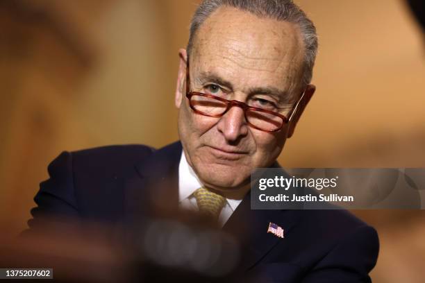 Senate Majority Leader Chuck Schumer looks on following the weekly Democratic policy luncheon at the U.S. Capitol on March 01, 2022 in Washington,...