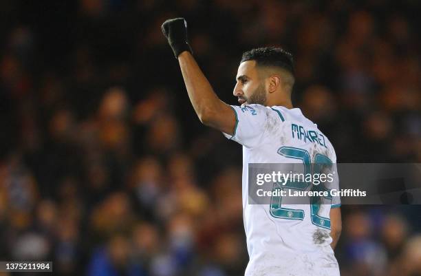 Riyad Mahrez of Manchester City celebrates after scoring their team's first goal during the Emirates FA Cup Fifth Round match between Peterborough...