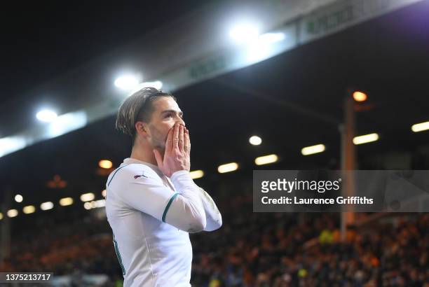 Jack Grealish of Manchester City celebrates after scoring their team's second goal during the Emirates FA Cup Fifth Round match between Peterborough...