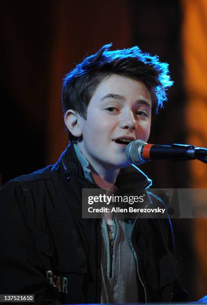 Recording artist Greyson Chance performs at the SchoolJam USA Live competition at Downtown Disney District at Disneyland Resort on January 21, 2012...