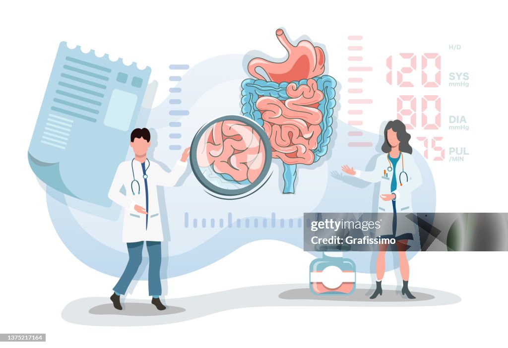 Flat vector illustration two doctor observing digestive system