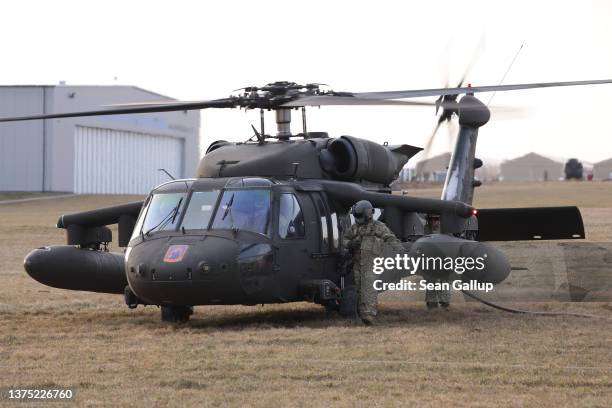 Black Hawk military helicopter of the U.S. Army refuels at an airfield currently being used by the Army's 82nd Airborne Division on March 01, 2022 in...