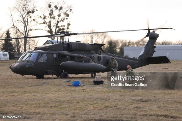 Black Hawk military helicopter of the U.S. Army refuels at an airfield currently being used by the Army's 82nd Airborne Division on March 01, 2022 in...