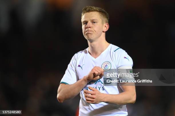 Oleksandr Zinchenko of Manchester City acknowledges the fans after their sides victory during the Emirates FA Cup Fifth Round match between...