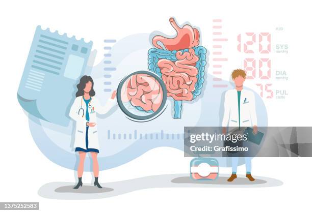 flat vector illustration two doctor discribing digestive system - two doctors stock illustrations