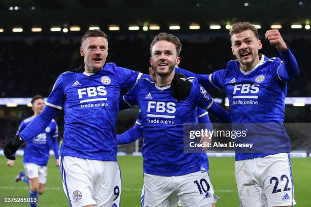 James Maddison celebrates with Jamie Vardy and Kiernan Dewsbury-Hall of Leicester City after scoring their team's first goal during the Premier...