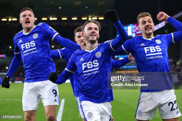 James Maddison celebrates with Jamie Vardy and Kiernan Dewsbury-Hall of Leicester City after scoring their team's first goal during the Premier...