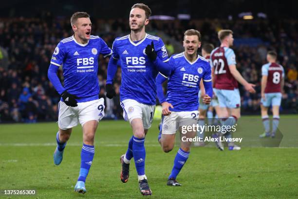 James Maddison celebrates with Jamie Vardy and Kiernan Dewsbury-Hall of Leicester City after scoring their team's first goal during the Premier...