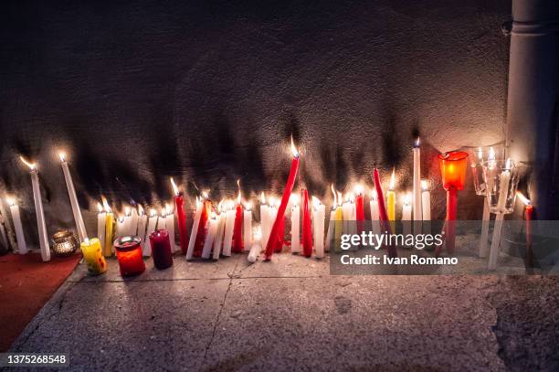 Candles on the site of Anna Borsa's femicide on March 01, 2022 in Pontecagnano Faiano, Italy. Anna Borsa was killed in the beauty salon where she...