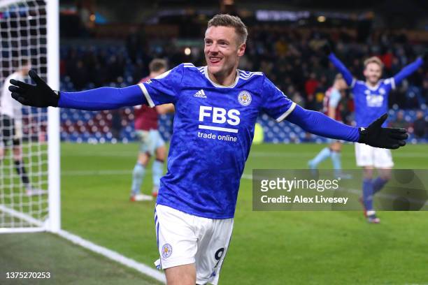 Jamie Vardy of Leicester City celebrates after scoring their team's second goal during the Premier League match between Burnley and Leicester City at...