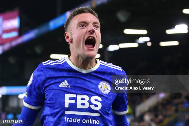 Jamie Vardy of Leicester City celebrates after scoring their team's second goal during the Premier League match between Burnley and Leicester City at...