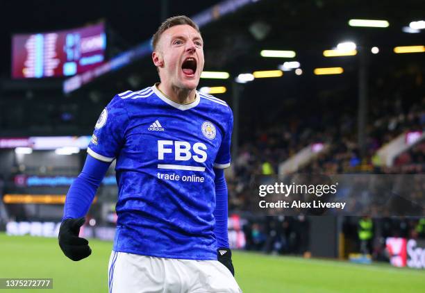 Jamie Vardy of Leicester City celebrates after scoring their team's second goal during the Premier League match between Burnley and Leicester City at...