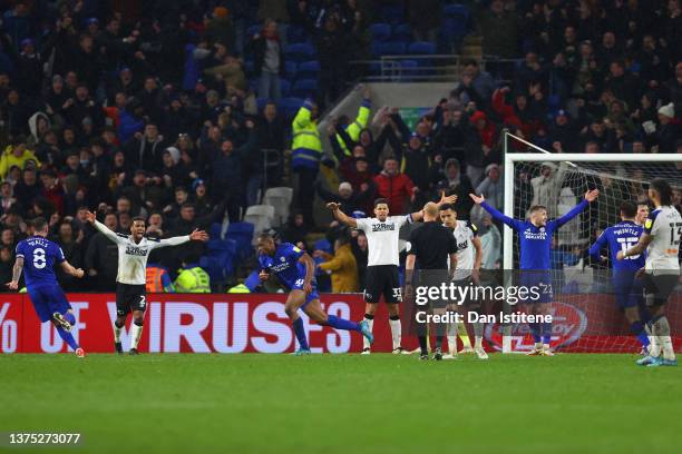 Uche Ikpeazu of Cardiff City celebrates their sides first goal during the Sky Bet Championship match between Cardiff City and Derby County at Cardiff...