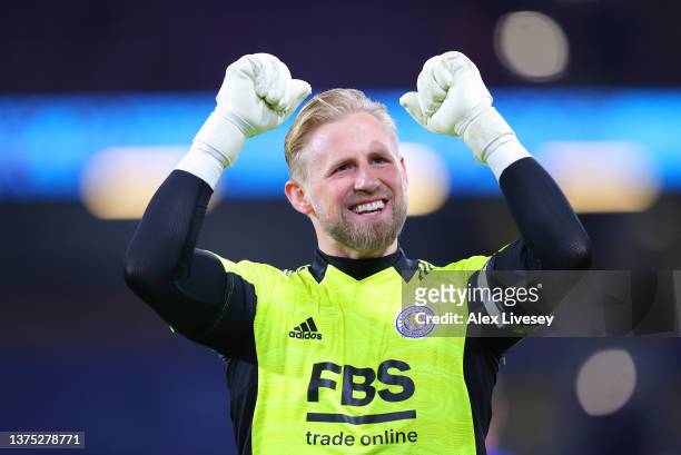 Kasper Schmeichel of Leicester City celebrates after their sides victory during the Premier League match between Burnley and Leicester City at Turf...