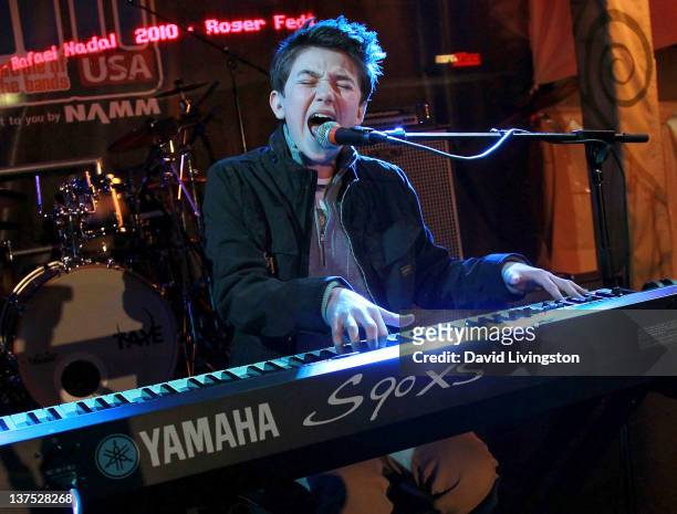 Recording artist Greyson Chance performs on stage at NAMM's SchoolJam USA Finals at Downtown Disney on January 21, 2012 in Anaheim, California.