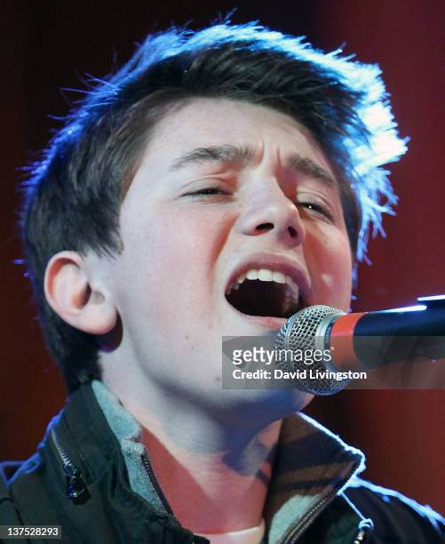 Recording artist Greyson Chance performs on stage at NAMM's SchoolJam USA Finals at Downtown Disney on January 21, 2012 in Anaheim, California.