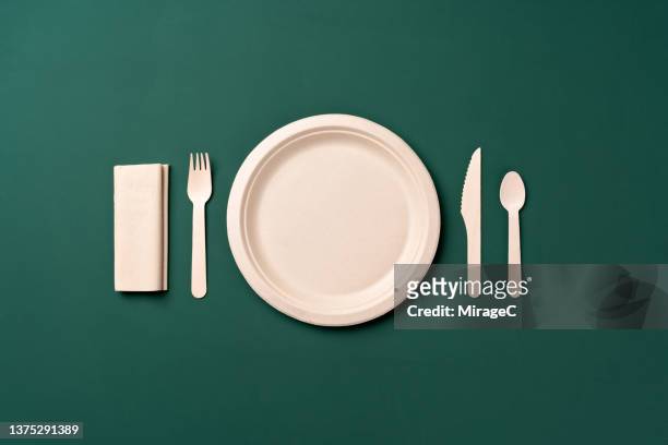 plastic free disposable paper plate with wooden eating utensils table setting - papieren bord stockfoto's en -beelden