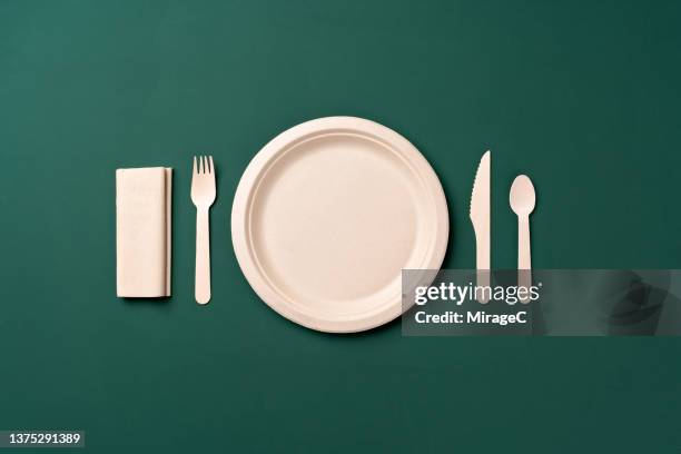 plastic free disposable paper plate with wooden eating utensils table setting - empty plate stock pictures, royalty-free photos & images