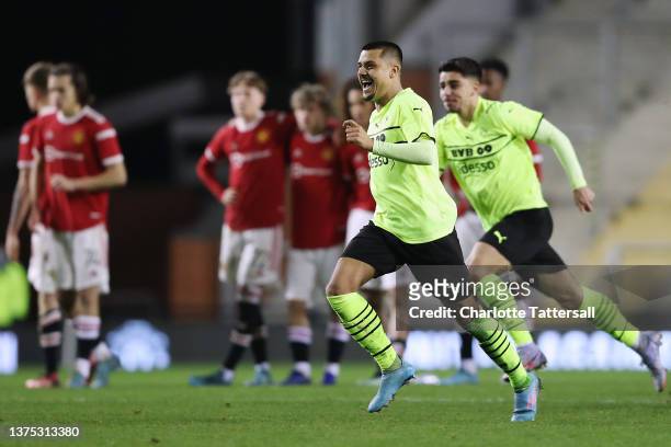 Lion Semic of Borussia Dortmund celebrates their sides victory after a penalty shoot out during the UEFA Youth League Round Of Sixteen match between...