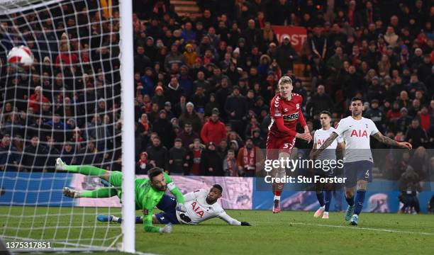 Josh Coburn of Middlesbrough scores the first goal during the Emirates FA Cup Fifth Round match between Middlesbrough and Tottenham Hotspur at...