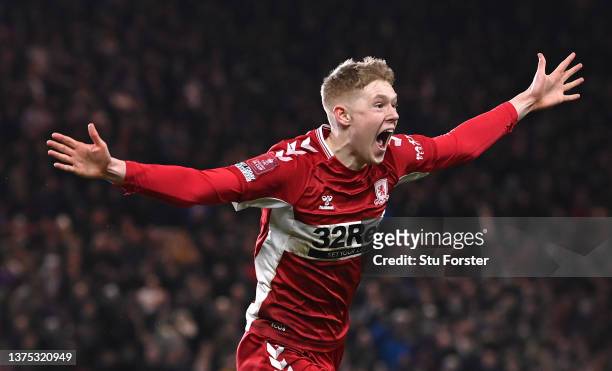 Josh Coburn of Middlesbrough celebrates after scoring the first goal during the Emirates FA Cup Fifth Round match between Middlesbrough and Tottenham...