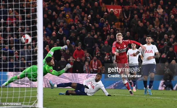 Josh Coburn of Middlesbrough scores the first goal during the Emirates FA Cup Fifth Round match between Middlesbrough and Tottenham Hotspur at...