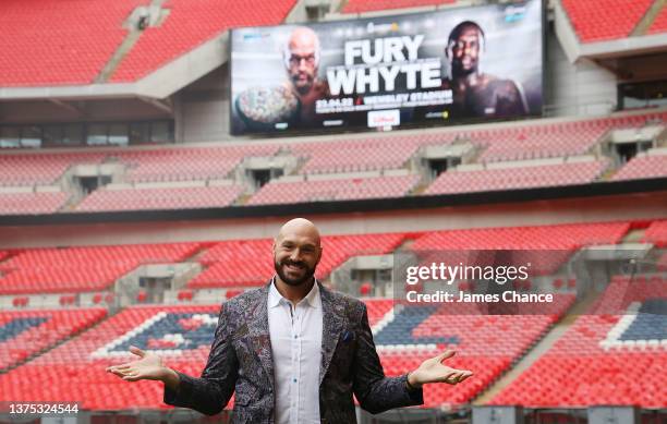 Tyson Fury poses for a portrait during the Tyson Fury v Dillian Whyte press conference at Wembley Stadium on March 01, 2022 in London, England.