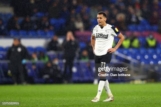 Ravel Morrison of Derby County reacts during the Sky Bet Championship match between Cardiff City and Derby County at Cardiff City Stadium on March...
