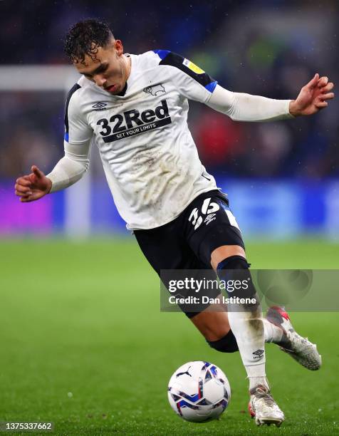 Lee Buchanan of Derby County runs with the ball during the Sky Bet Championship match between Cardiff City and Derby County at Cardiff City Stadium...