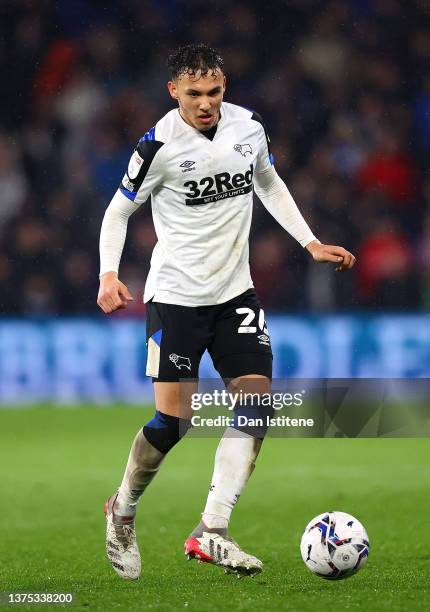 Lee Buchanan of Derby County runs with the ball during the Sky Bet Championship match between Cardiff City and Derby County at Cardiff City Stadium...